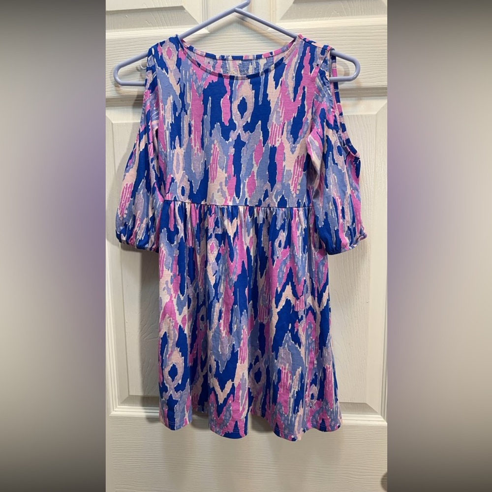 Lilly Pulitzer Girls Cold-Shoulder Dress in Blue, Pink & Cream Abstract Print